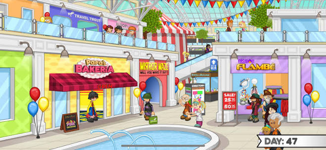 Colorful bakery mall scene